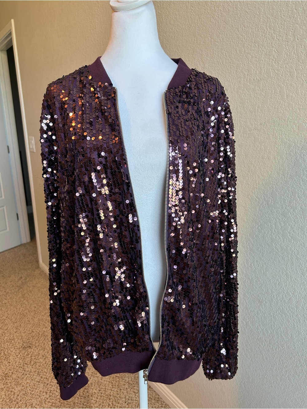 ANNA-KACI Sparkle & Shine Collection Purple Sequin Bomber Jacket Women’s Size XL - Picture 5 of 8